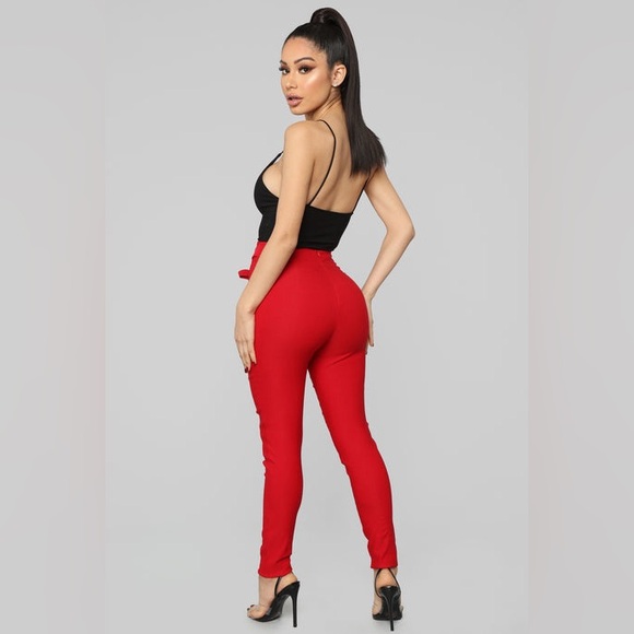Fashion Nova Red Skinny Pants with Bow Detail - Picture 5 of 10